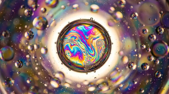 Macro view of iridescent soap bubbles and oil patterns creating a vibrant psychedelic mandala Colors swirl and dance in a captivating abstract display