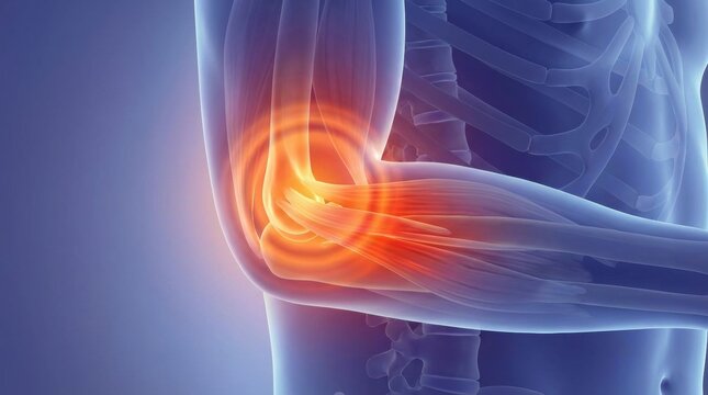 Elbow joint inflammation highlighted with glowing red pain signals in anatomical illustration