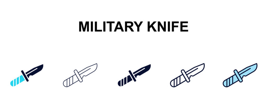 military knife multi-style outline icon set - army and milatry concept. Thin line, regular, filled, colored military knife icon