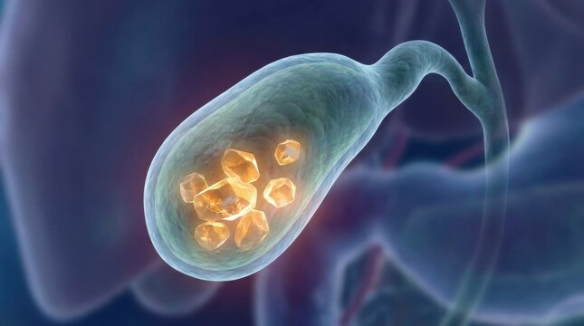 Detailed illustration of a gallbladder with gallstones and surrounding anatomy