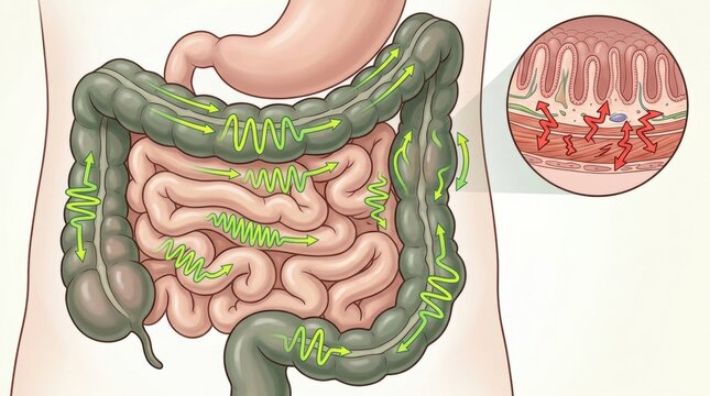 Digestive system showing peristalsis and intestinal wall cross-section with inflammation