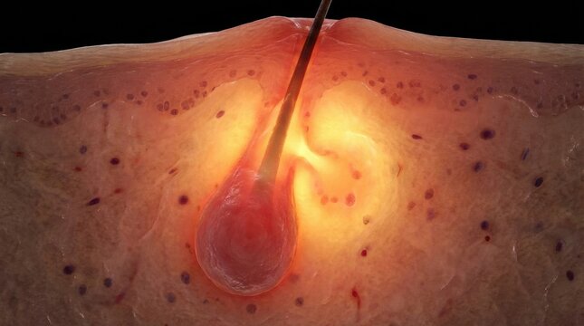 Microscopic view of inflamed hair follicle with infection and pus formation