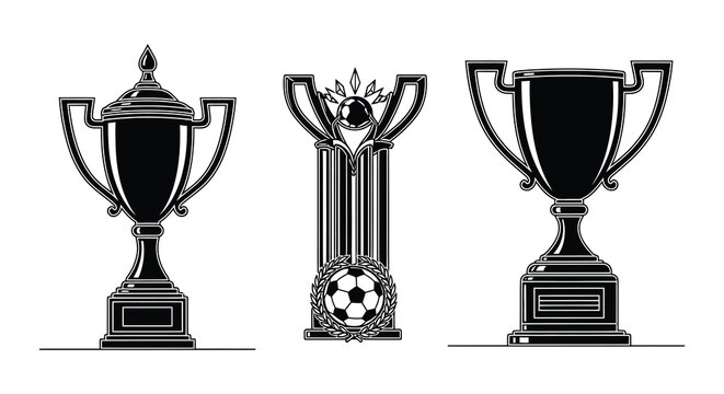 Black and white illustration of trophies a rosette and a soccer ball badge