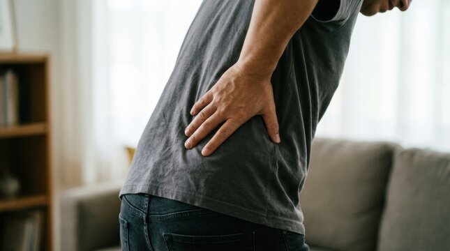 Man experiencing lower back pain while holding his aching lumbar region