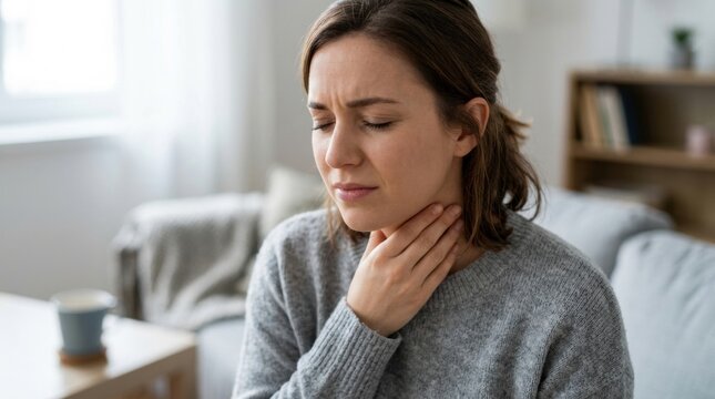 Woman feeling discomfort and pain in her throat while holding her neck