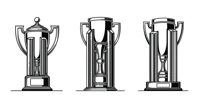 Black and white illustration of trophies a rosette and a soccer ball badge