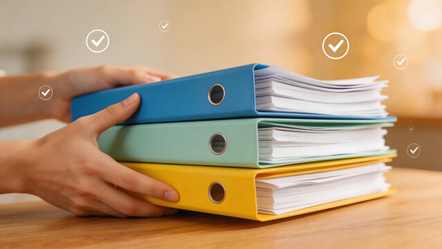 Hands holding colorful binders with papers
