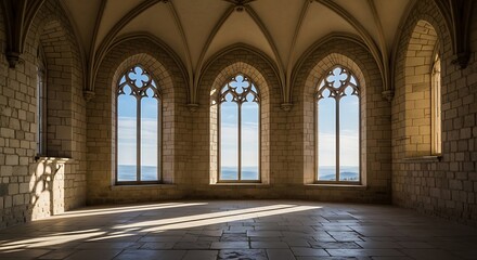 Obraz premium Empty room with arched windows and stone walls, overlooking a distant landscape.