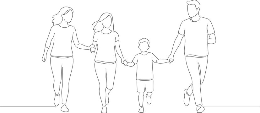 Simple Continuous Line Illustration of Happy Family Walking Together Outline