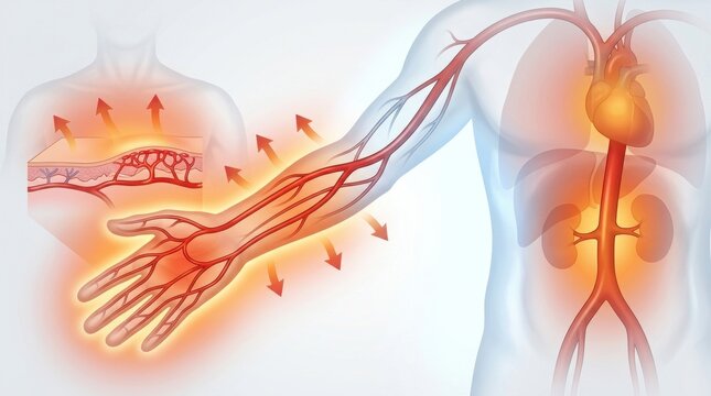 Human circulatory system illustration showing blood flow and heat regulation in the body
