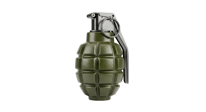 A detailed 3D render of a green hand grenade with a silver pull pin and lever.