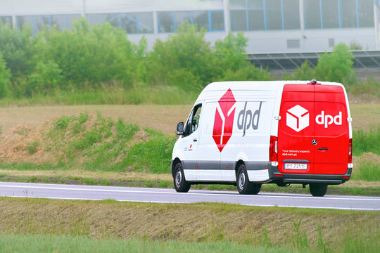 DPD Geopost delivery van driving past green fields 29.08.2025 Poland, Europe