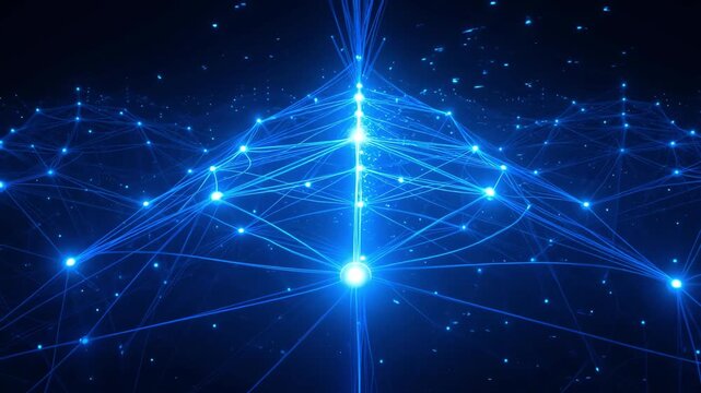 Abstract AI neural network concept. Blue glowing lines, interconnected data, digital particles on dark background. Represents technology, big data, machine learning, global communication, future.
