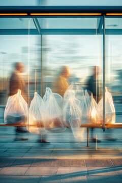 Urban bus stop with hanging plastic shopping bags and blurred commuters for environmental awareness poster background and public transport campaign design