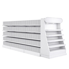 Retail store aisle shelving system with end cap display unit mockup © AKHMADFAIZUL