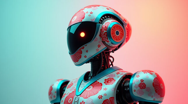 A futuristic robot with a colorful and vibrant design stands against a gradient background