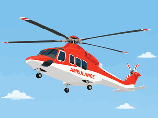 Fototapeta premium 079-25-Red and white ambulance helicopter flying in blue sky with clouds
