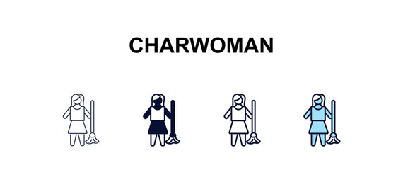 Fototapeta premium charwoman multi-style outline icon set - cleaning concept. Thin line, regular, filled, colored charwoman icon