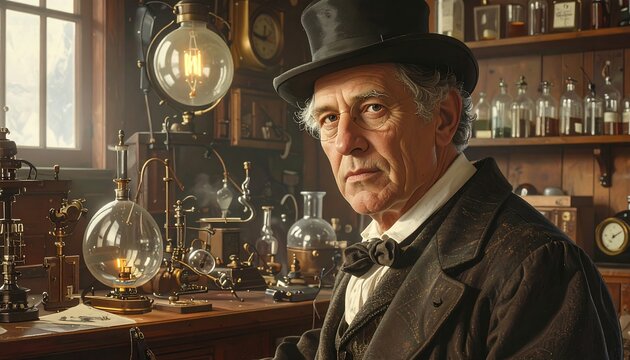 An elderly man with a contemplative expression sits amidst antique laboratory equipment