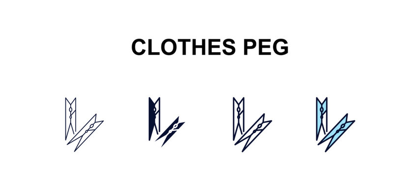 clothes peg multi-style outline icon set - cleaning concept. Thin line, regular, filled, colored clothes peg icon