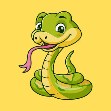 Cute Smiling Green Snake Cartoon Character Vector Illustration Mascot