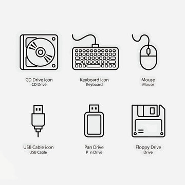 Collection of computer peripherals and storage devices icons  cd drive  keyboard  mouse
