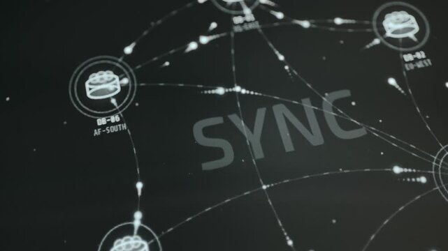 Cloud database synchronization animation, 6 cloud database nodes arranged in a network