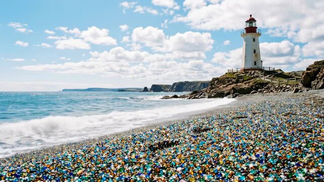 A picturesque lighthouse stands tall on a rocky shore overlooking a vast ocean The beach is covered in stones and pebbles under a bright blue sky with fluffy clouds