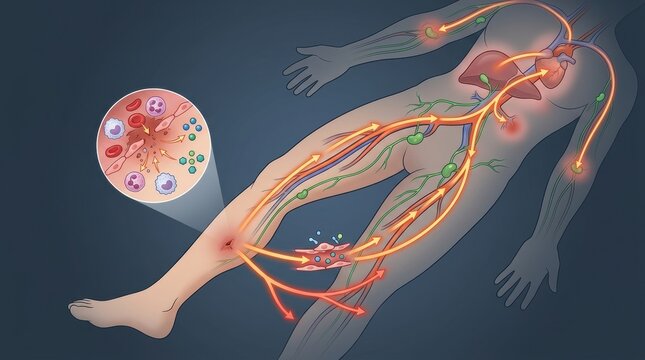 Illustration of the body's inflammatory response spreading through the circulatory and lymphatic systems