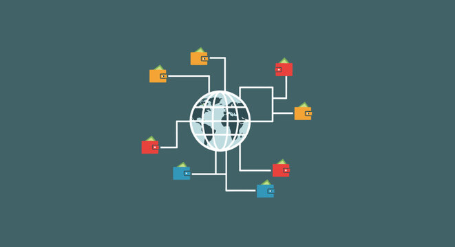 Bitcoin Flat minimalist illustration of crypto remittance b