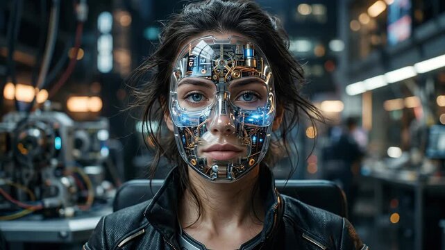 A woman s face is covered in intricate robotic circuitry and metal plating Her expression is serious against a blurred industrial background