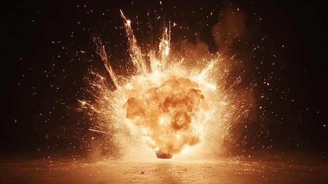 A massive explosion occurs in a dark environment with sparks and fire flying everywhere
