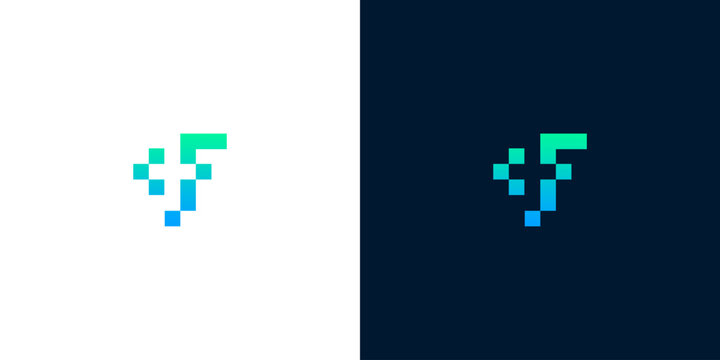 Modern pixelated F logo with vibrant gradient. Abstract graphic symbolizes digital technology, innovation, and forward-thinking concept, ideal for contemporary branding and applications