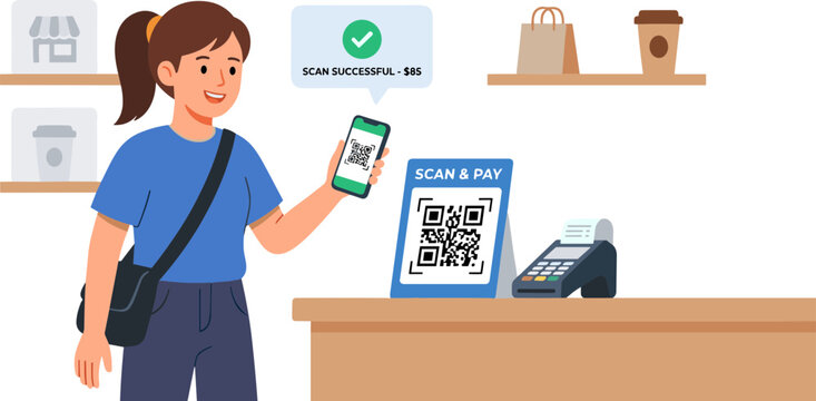 Woman scans QR code on phone at cafe counter with menu board