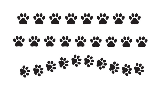 Various black animal paw prints arranged in rows and a curved trail on a white background.