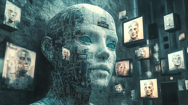 A futuristic digital human surrounded by multiple screens displaying various faces in a dark room