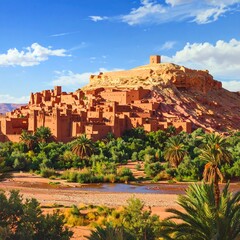 Obraz premium A sprawling desert oasis town with terracotta buildings and lush greenery