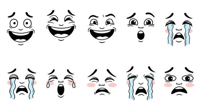 Collection of cartoon faces expressing various emotions and feelings.