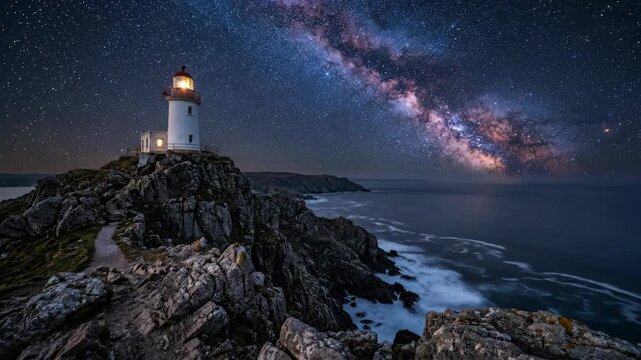 A solitary lighthouse stands tall on a rocky coast guiding ships under a breathtaking star filled night sky showcasing the milky way