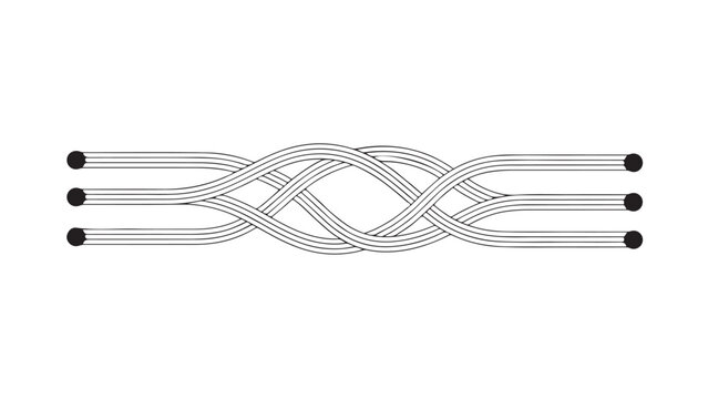 Simple line drawing of a complex knot structure with four parallel lines intertwined.