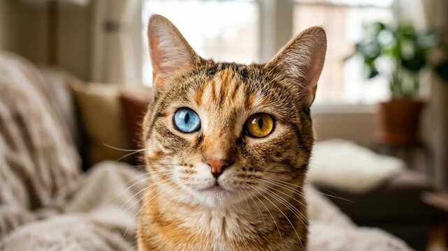 A mesmerizing cat with heterochromia captivating the viewer with its unique blue and yellow eyes Relaxing indoor setting behind the adorable feline Perfect pet portrait