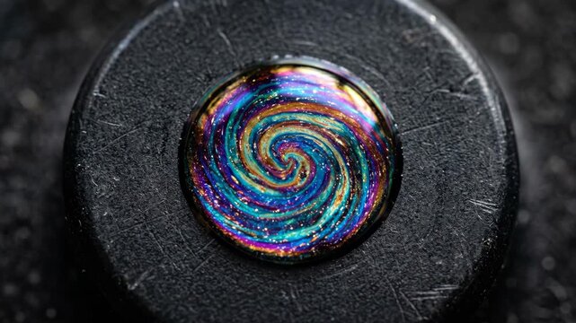 A mesmerizing macro shot captures a swirling rainbow vortex within a single water droplet resting on a dark textured surface Colors blend mystically