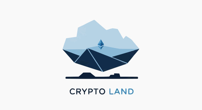 Crypto Land geometric landscape vector, Ethereum blockchain mountain logo, digital cryptocurrency world illustration in blue tones