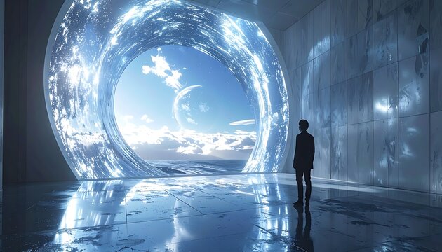 A person stands before a glowing portal