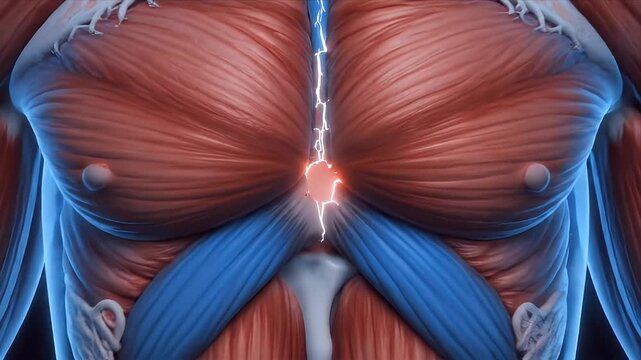 Detailed 3D CGI Visualization of the Human Pectoral Muscles with a Glowing Energy Core at the Sternum for Medical Education and Scientific Presentations