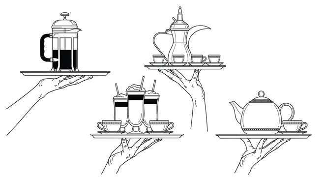 Hand drawn illustration of various hands holding trays with coffee makers, mugs, and lattes on a white background.