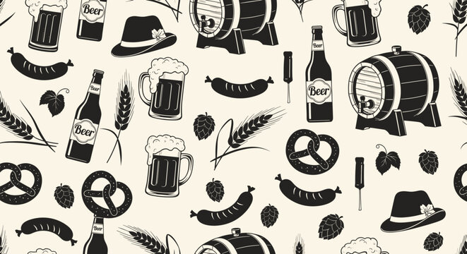 Black and white seamless pattern featuring beer mugs, bottles, sausages, pretzels, and hops in a hand drawn style.