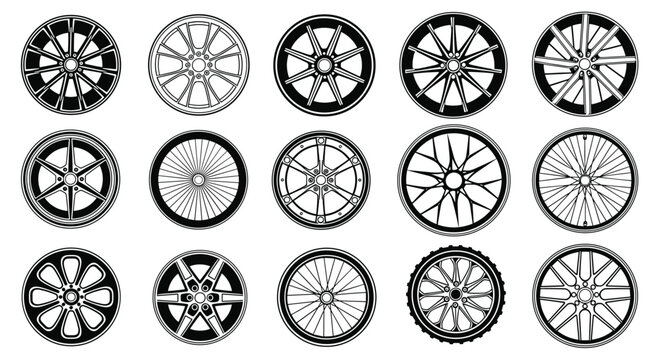 Set of different car wheel rim designs in black and white featuring various spoke patterns and styles.