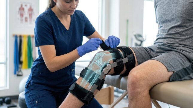 Physical therapist adjusts knee brace on patient with glowing bone overlay