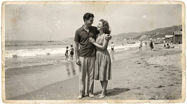 Old faded black and white photo of a couple in love on a summer vacation at the sea